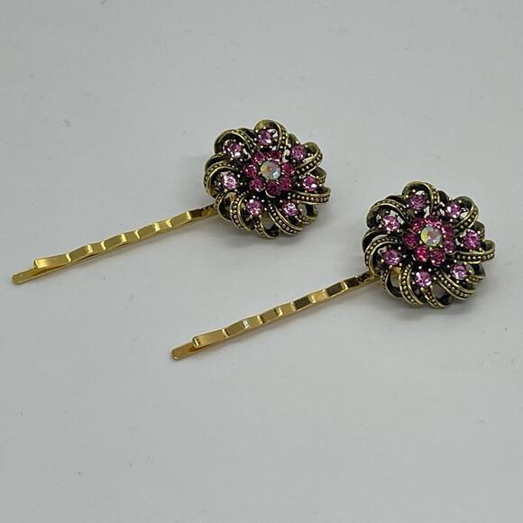Handmade Pink Rhinestone Gold Set Hair Clips Dance Whimsical Fairy Jewelry NWT - Picture 6 of 6